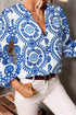 Medallion Print V Neck Button Down Bishop Sleeve Blouse
