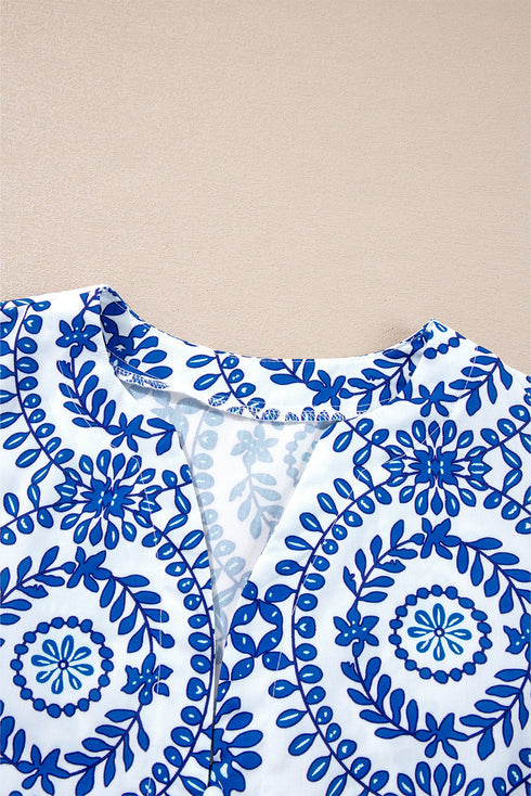 Medallion Print V Neck Button Down Bishop Sleeve Blouse