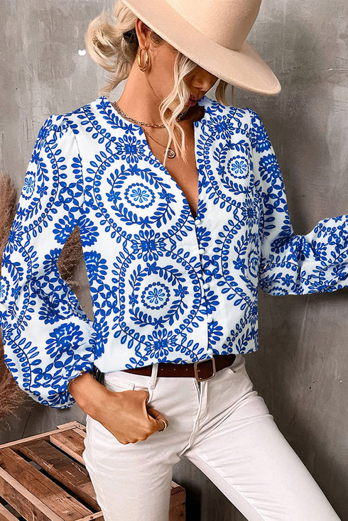 Medallion Print V Neck Button Down Bishop Sleeve Blouse