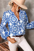 Medallion Print V Neck Button Down Bishop Sleeve Blouse