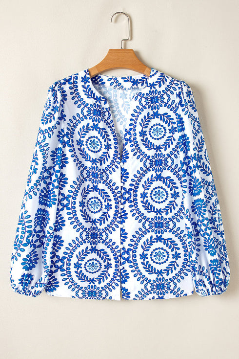 Medallion Print V Neck Button Down Bishop Sleeve Blouse