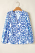 Medallion Print V Neck Button Down Bishop Sleeve Blouse