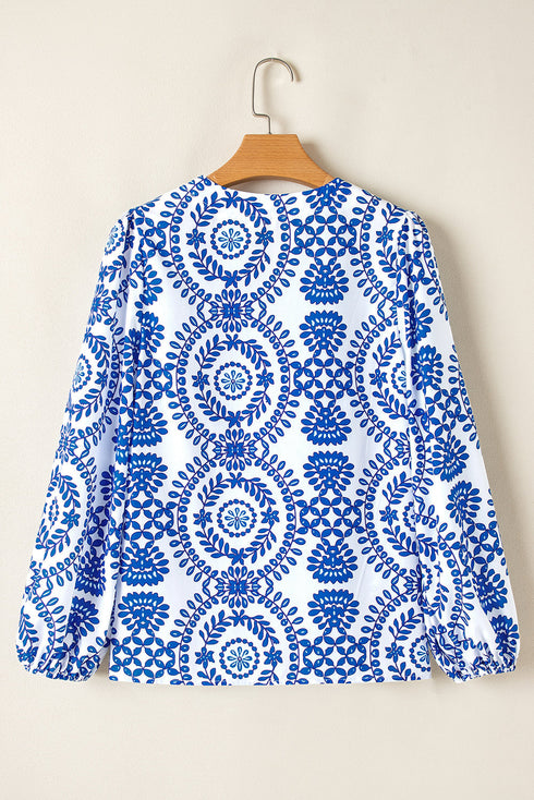 Medallion Print V Neck Button Down Bishop Sleeve Blouse