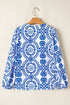 Medallion Print V Neck Button Down Bishop Sleeve Blouse