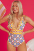 Mediterranean Tile Print Plunging V Neck One Piece Swimsuit
