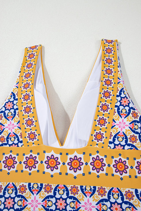 Mediterranean Tile Print Plunging V Neck One Piece Swimsuit