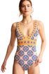 Mediterranean Tile Print Plunging V Neck One Piece Swimsuit