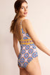 Mediterranean Tile Print Plunging V Neck One Piece Swimsuit