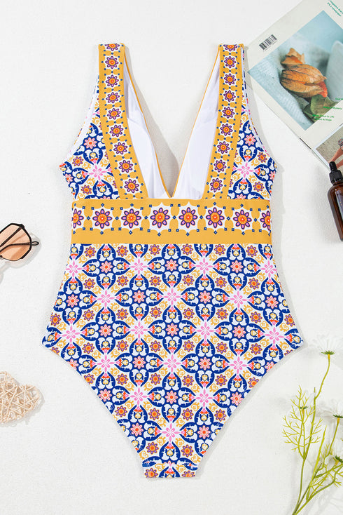 Mediterranean Tile Print Plunging V Neck One Piece Swimsuit