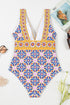 Mediterranean Tile Print Plunging V Neck One Piece Swimsuit