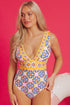 Mediterranean Tile Print Plunging V Neck One Piece Swimsuit
