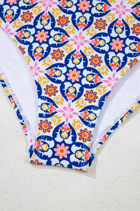 Mediterranean Tile Print Plunging V Neck One Piece Swimsuit