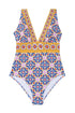Mediterranean Tile Print Plunging V Neck One Piece Swimsuit