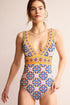 Mediterranean Tile Print Plunging V Neck One Piece Swimsuit