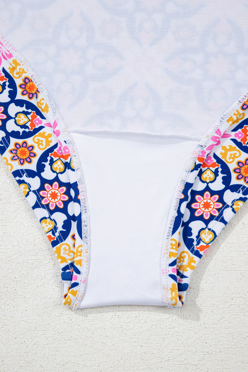 Mediterranean Tile Print Plunging V Neck One Piece Swimsuit