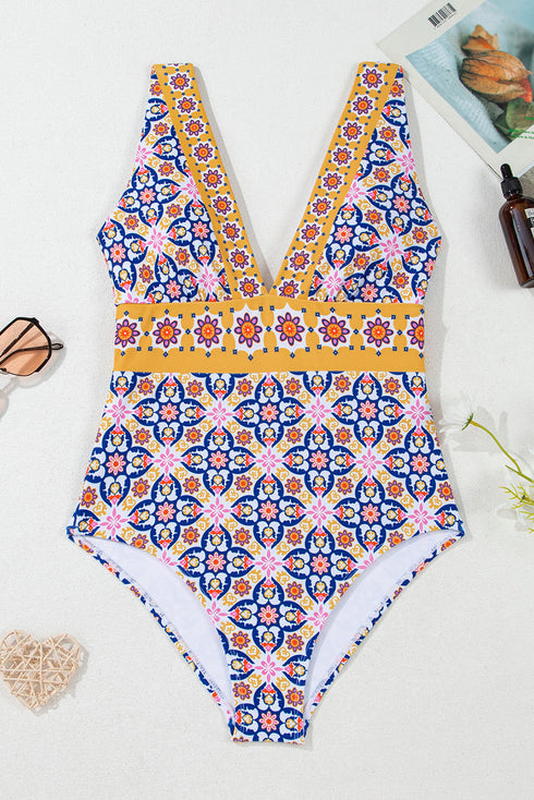Mediterranean Tile Print Plunging V Neck One Piece Swimsuit