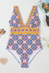 Mediterranean Tile Print Plunging V Neck One Piece Swimsuit