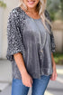 Medium Grey Leopard Splicing Lantern Sleeve Velvet Blouse