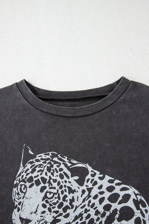 Medium Grey Vintage Cheetah Printed Mineral Wash Graphic Tee