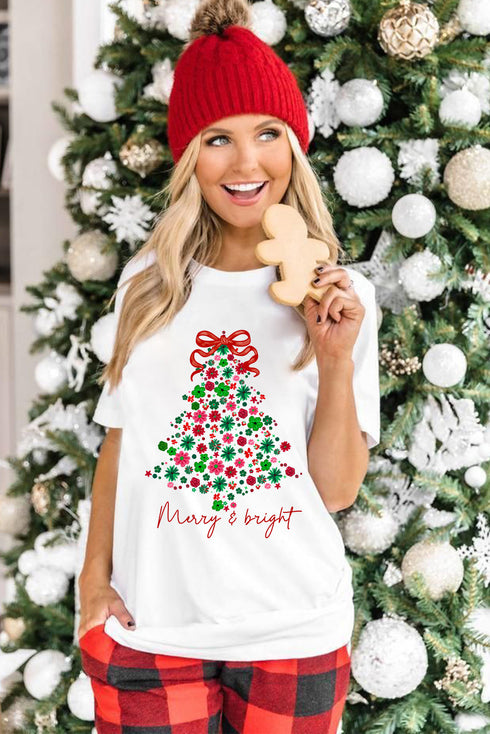 Merry And Bright Floral Christmas Tree Graphic Tee