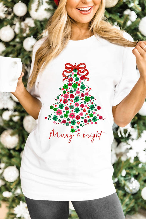 Merry And Bright Floral Christmas Tree Graphic Tee