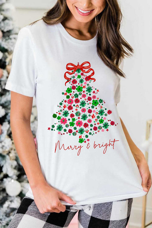 Merry And Bright Floral Christmas Tree Graphic Tee