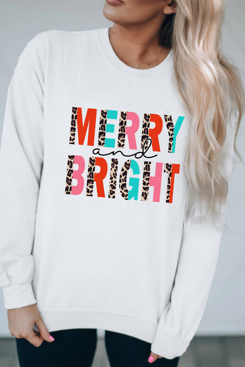 Merry And Bright Leopard Print Graphic Pullover Sweatshirt