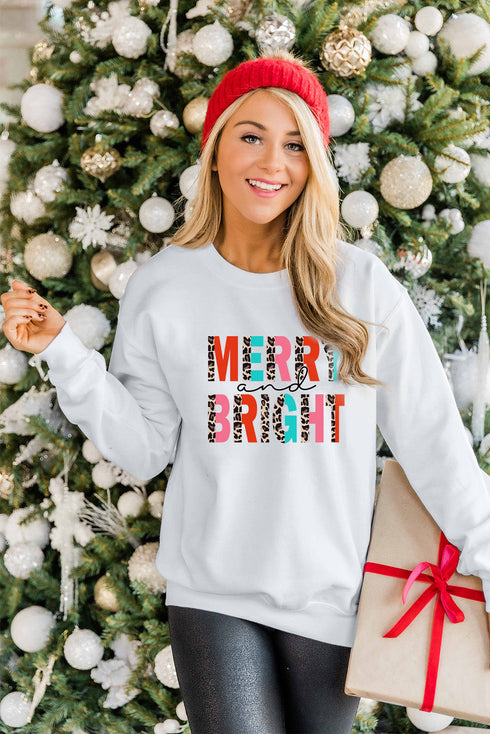 Merry And Bright Leopard Print Graphic Pullover Sweatshirt