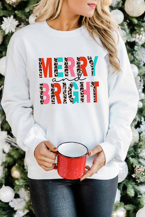 Merry And Bright Leopard Print Graphic Pullover Sweatshirt