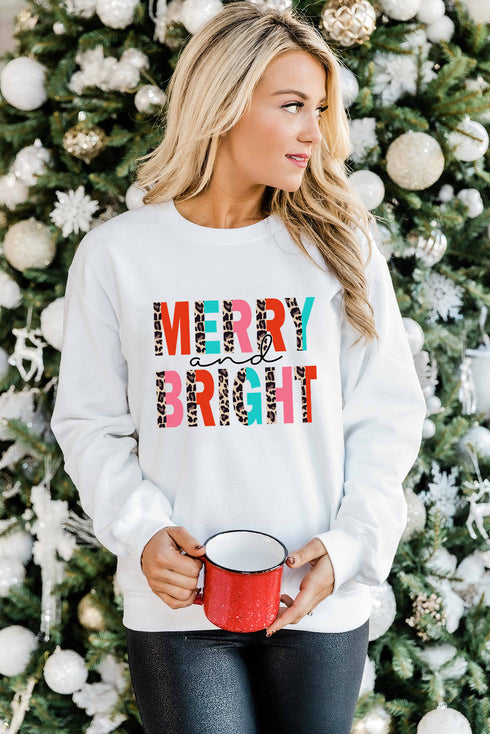 Merry And Bright Leopard Print Graphic Pullover Sweatshirt