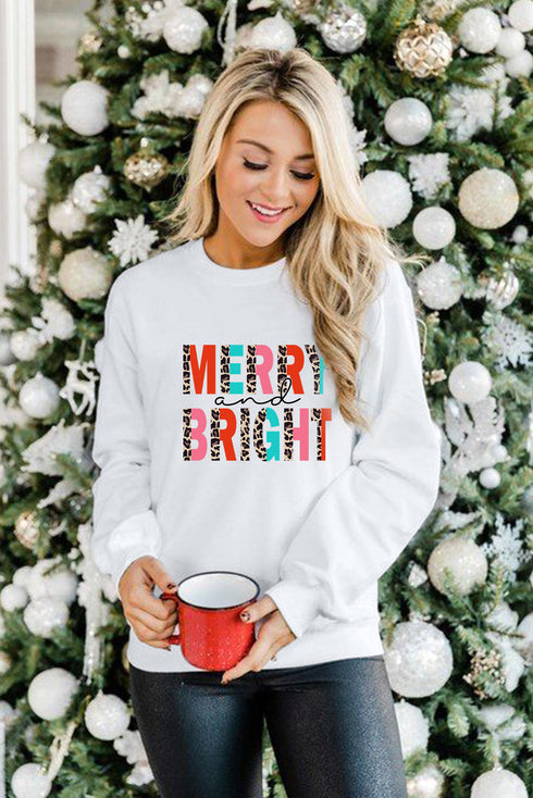 Merry And Bright Leopard Print Graphic Pullover Sweatshirt
