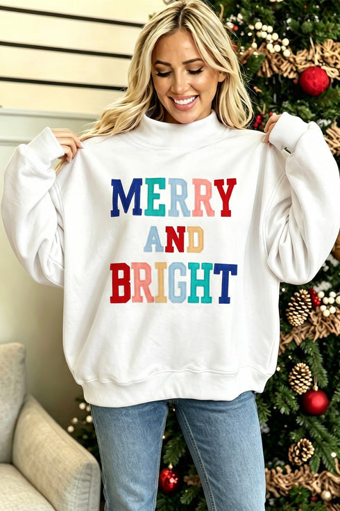 Merry And Bright Stitched Letter Mock Neck Sweatshirt