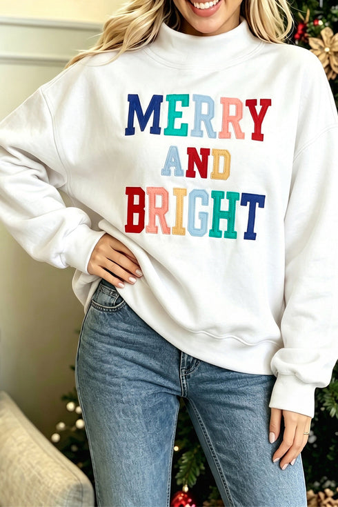 Merry And Bright Stitched Letter Mock Neck Sweatshirt
