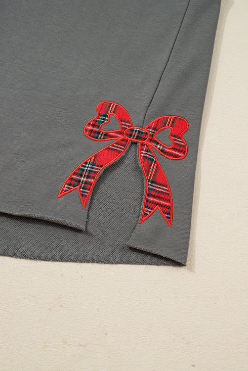 Merry Bow Embroidered Side Slit Crewneck Sweatshirts