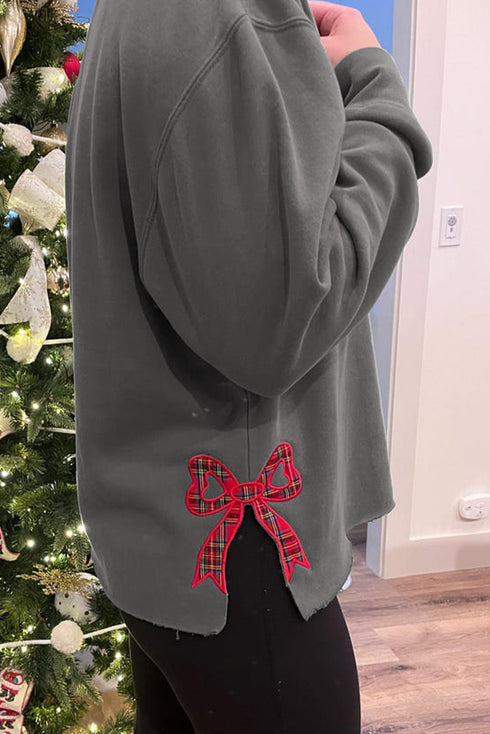 Merry Bow Embroidered Side Slit Crewneck Sweatshirts