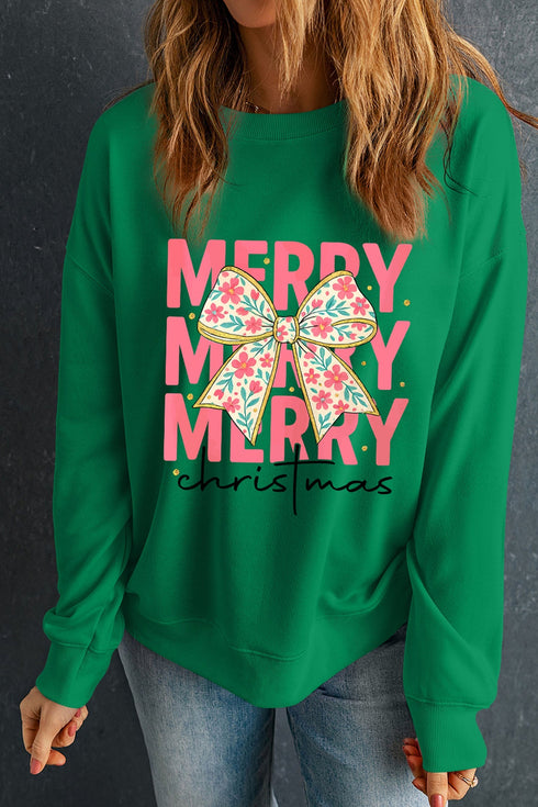 Merry Bow Graphic Crew Neck Pullover Sweatshirt
