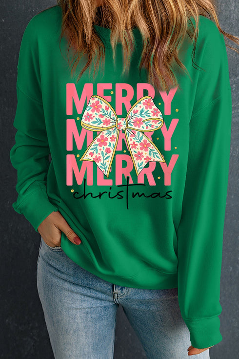 Merry Bow Graphic Crew Neck Pullover Sweatshirt