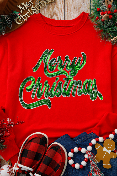 Merry Christmas Sequin Graphic Crew Neck Sweatshirt