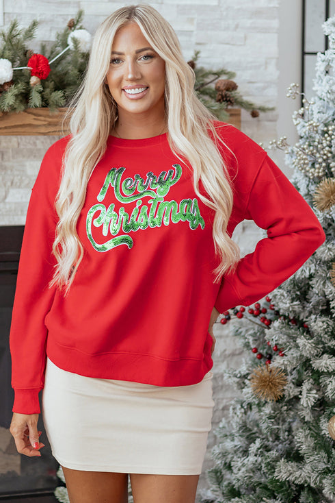 Merry Christmas Sequin Graphic Crew Neck Sweatshirt