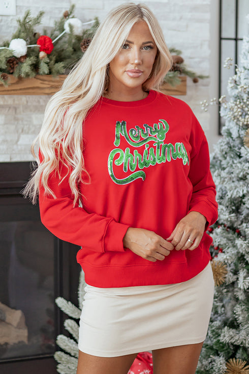Merry Christmas Sequin Graphic Crew Neck Sweatshirt