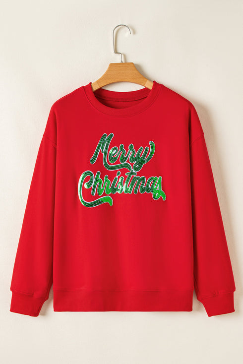 Merry Christmas Sequin Graphic Crew Neck Sweatshirt