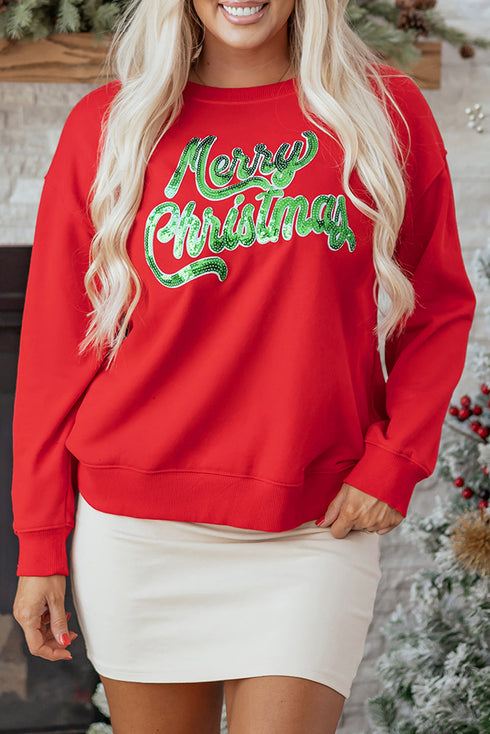 Merry Christmas Sequin Graphic Crew Neck Sweatshirt