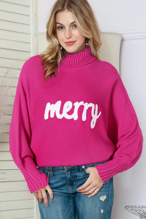 Merry Graphic Drop Shoulder Knit Turtleneck Sweater