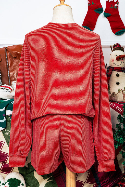 Merry Letter Print Ribbed Knit Lace Up Loungewear