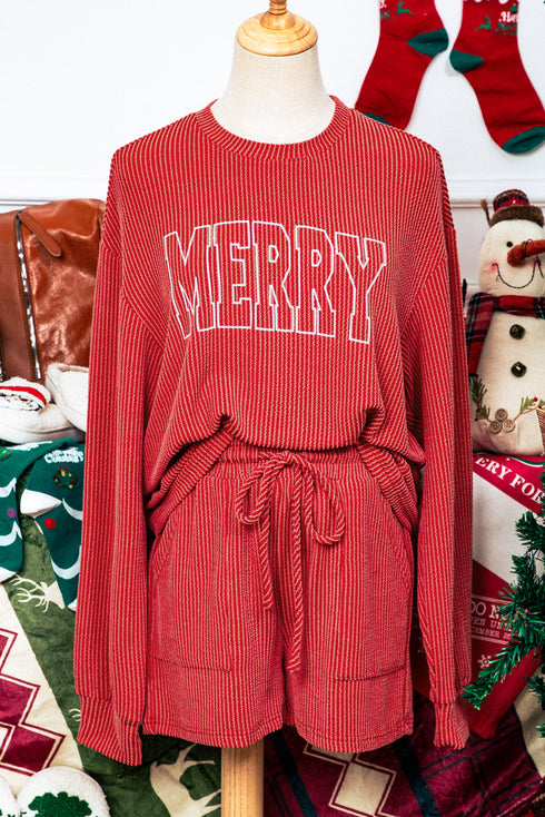 Merry Letter Print Ribbed Knit Lace Up Loungewear