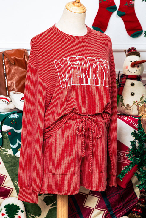Merry Letter Print Ribbed Knit Lace Up Loungewear