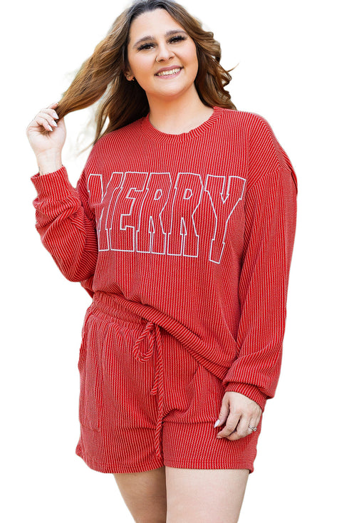 Merry Letter Print Ribbed Knit Lace Up Loungewear