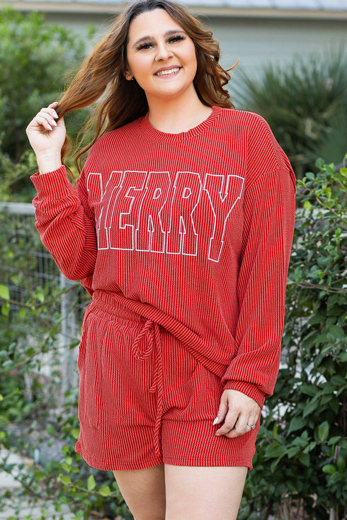 Merry Letter Print Ribbed Knit Lace Up Loungewear