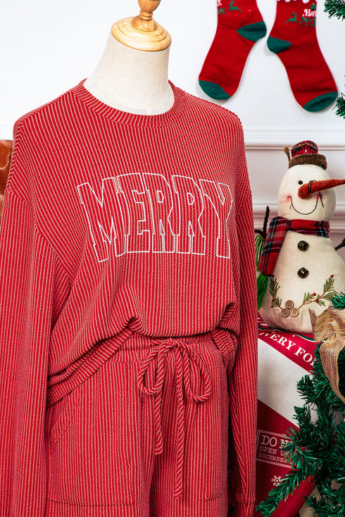 Merry Letter Print Ribbed Knit Lace Up Loungewear