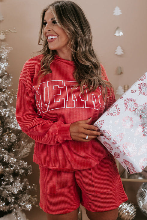 Merry Letter Print Ribbed Knit Lace Up Loungewear